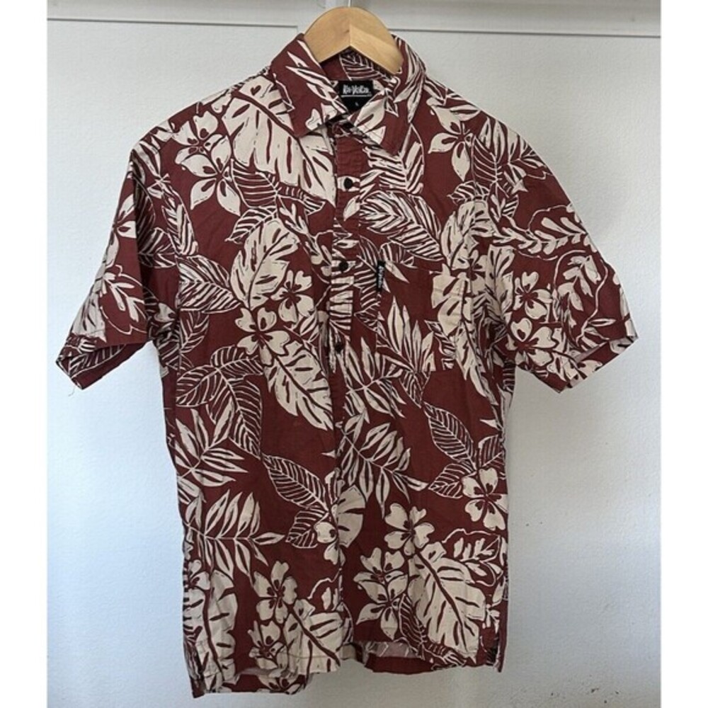 Kai-Veikau Hawaiian Men's Short Sleeve Shirt L Cotton Maroon floral Leaf Pattern